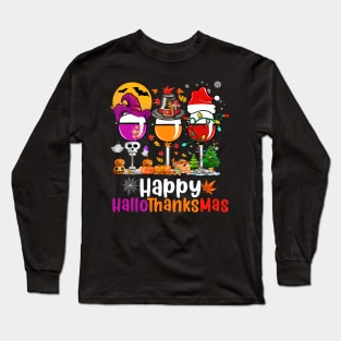 Happy Hallothanksmas Funny Wine Glasses Long Sleeve T-Shirt